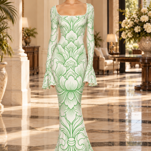 Printed Square-Neck Mermaid Gown