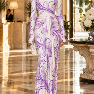 Printed Draped Evening Gown