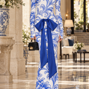 Printed Bow-W aist Column Maxi Dress